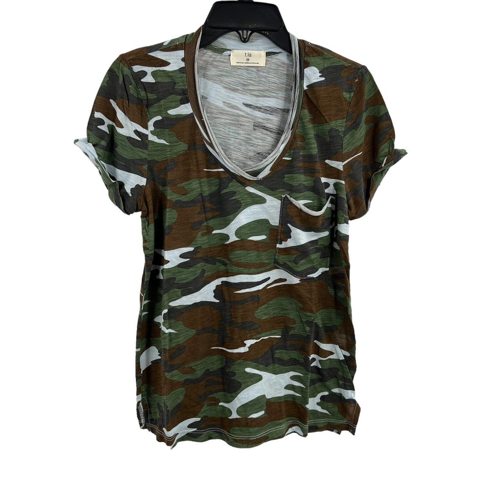 Anthropologie T.la Camo Short Sleeve V Neck Tee‎ New XS